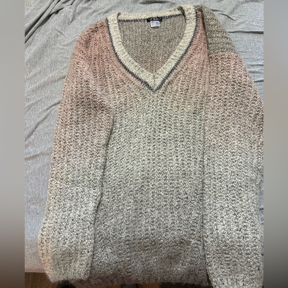 Beautiful never worn long pink to gray with silver v neck sweater